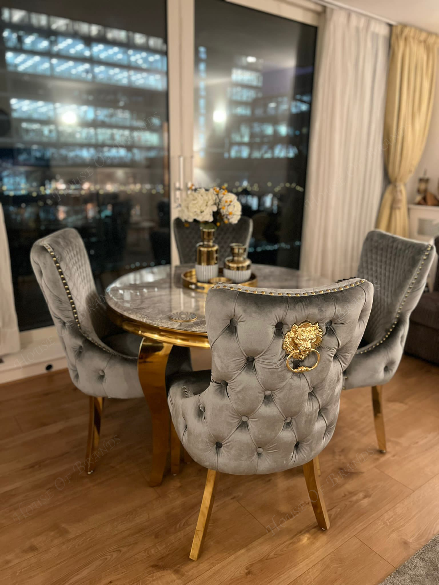 110cm Louis Grey And Gold Round Marble Dining Table