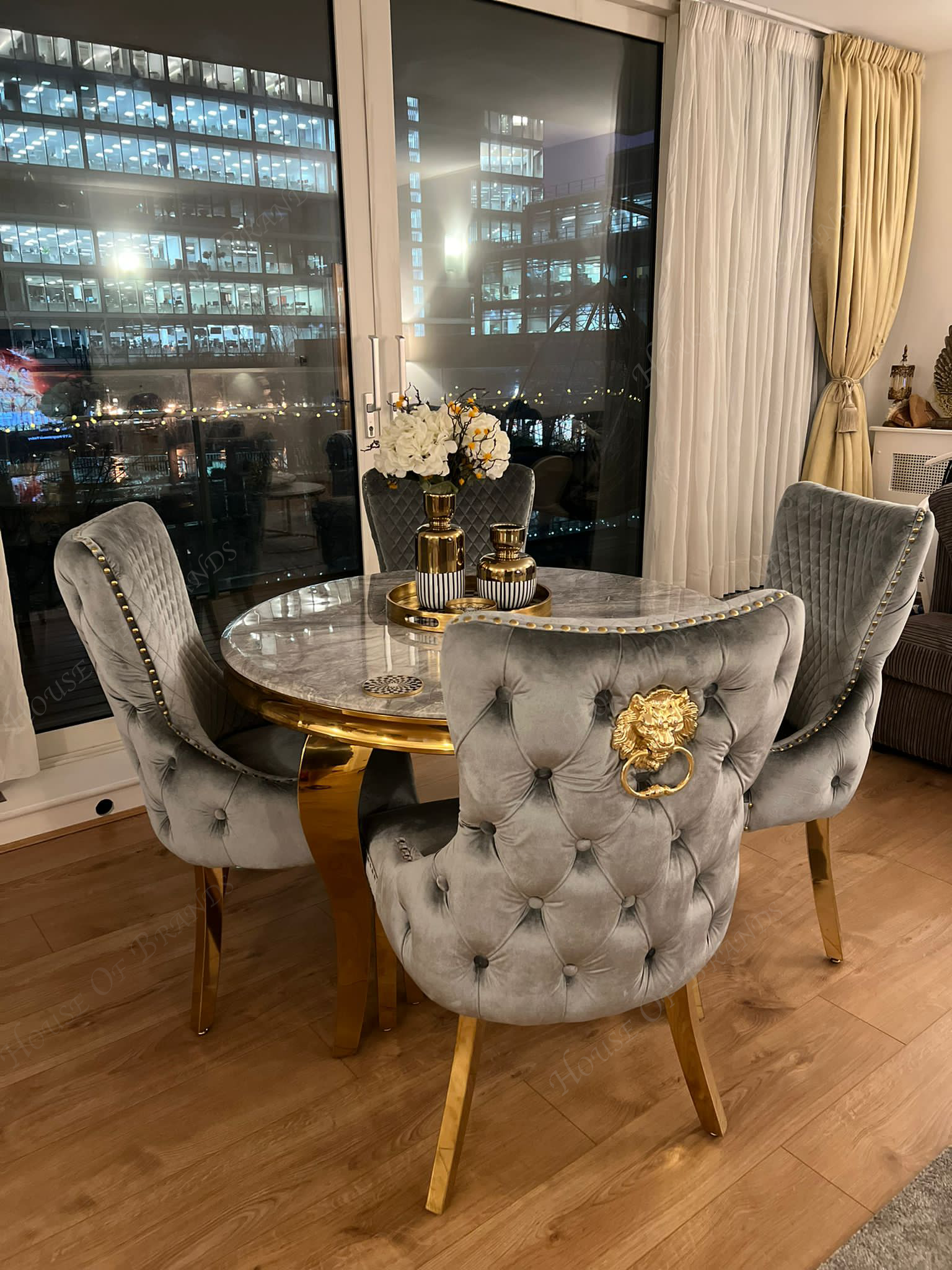 110cm Round Marble Gold Louis Table and 4 Majestic Gold Knockerback Dining Chairs