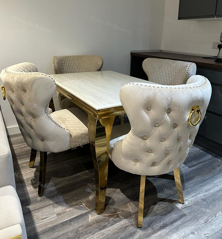 120cm Cream and Gold Marble Louis Table with 4 Mink Valentino Gold Knockerback Chairs