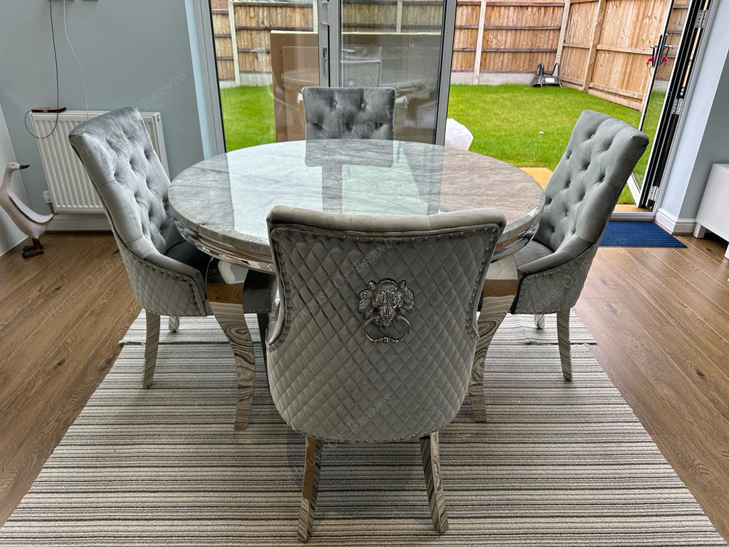 130cm Round Louis Marble Dining Table with 4 Majestic Velvet Knockerback Chairs