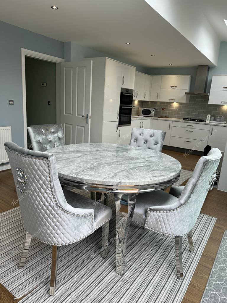 130cm Round Louis Marble Dining Table with 4 Majestic Velvet Knockerback Chairs