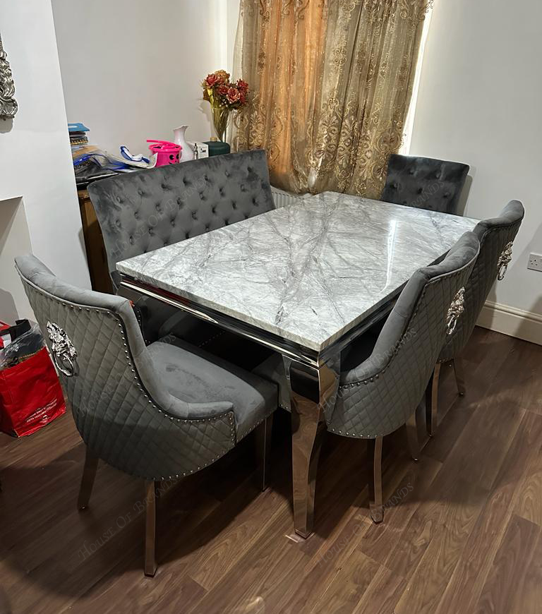 150cm Louis Marble Dining Table with 4 Majestic Knockerback Velvet Chairs and Majestic High Back Velvet Bench