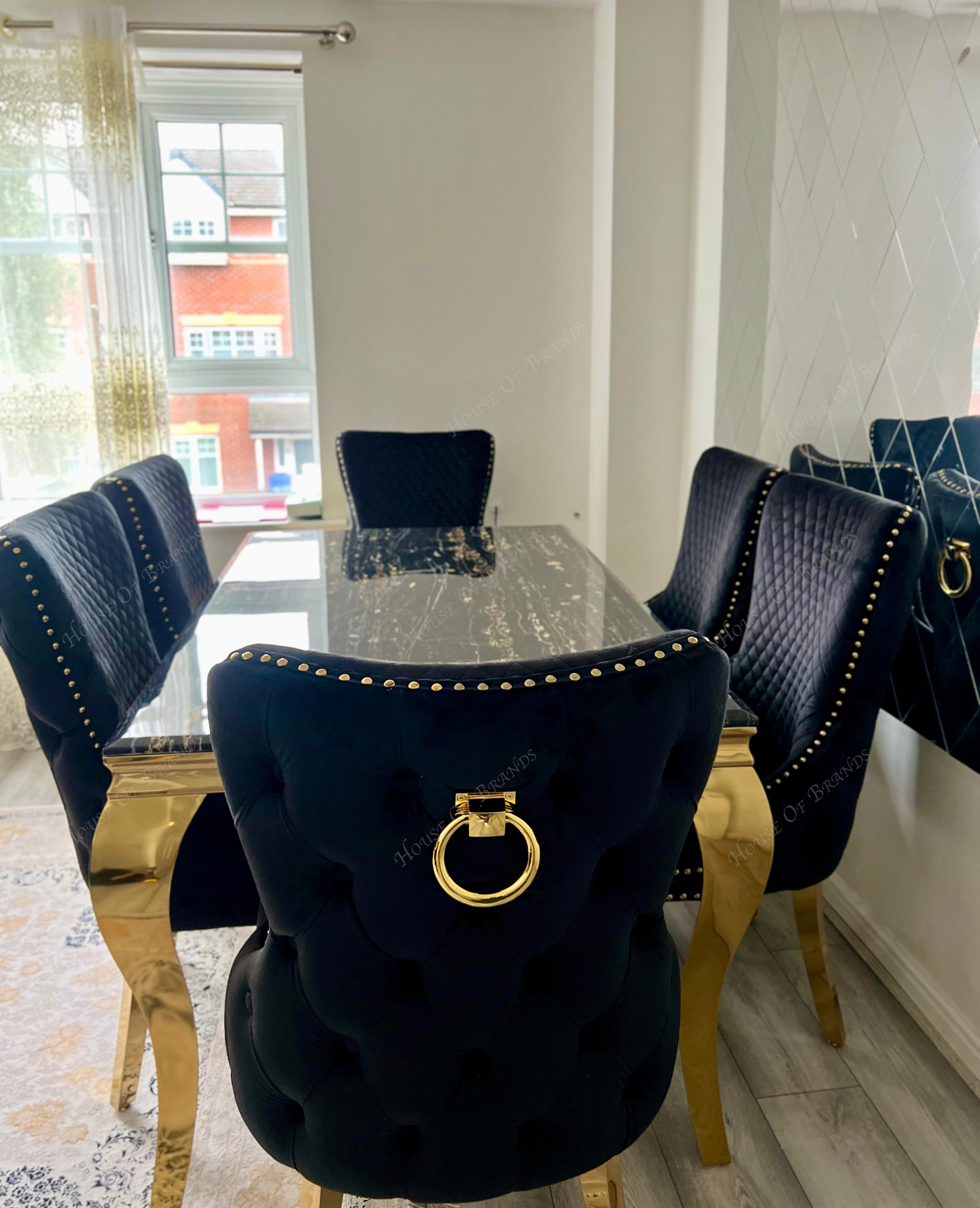 Black & Gold Louis Marble Dining Table & Black Victoria Knockerback Chairs