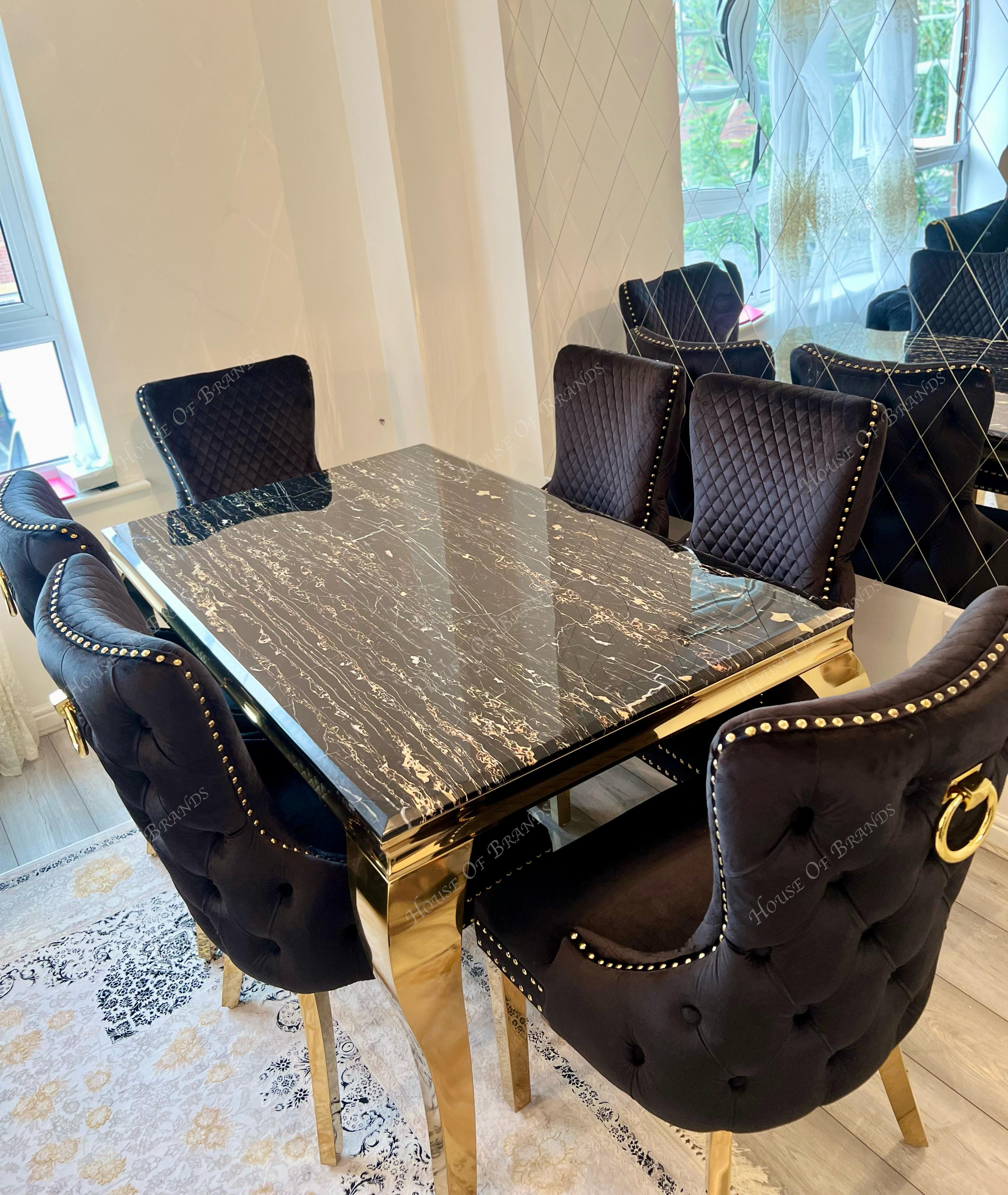Black & Gold Louis Marble Dining Table & Black Victoria Knockerback Chairs