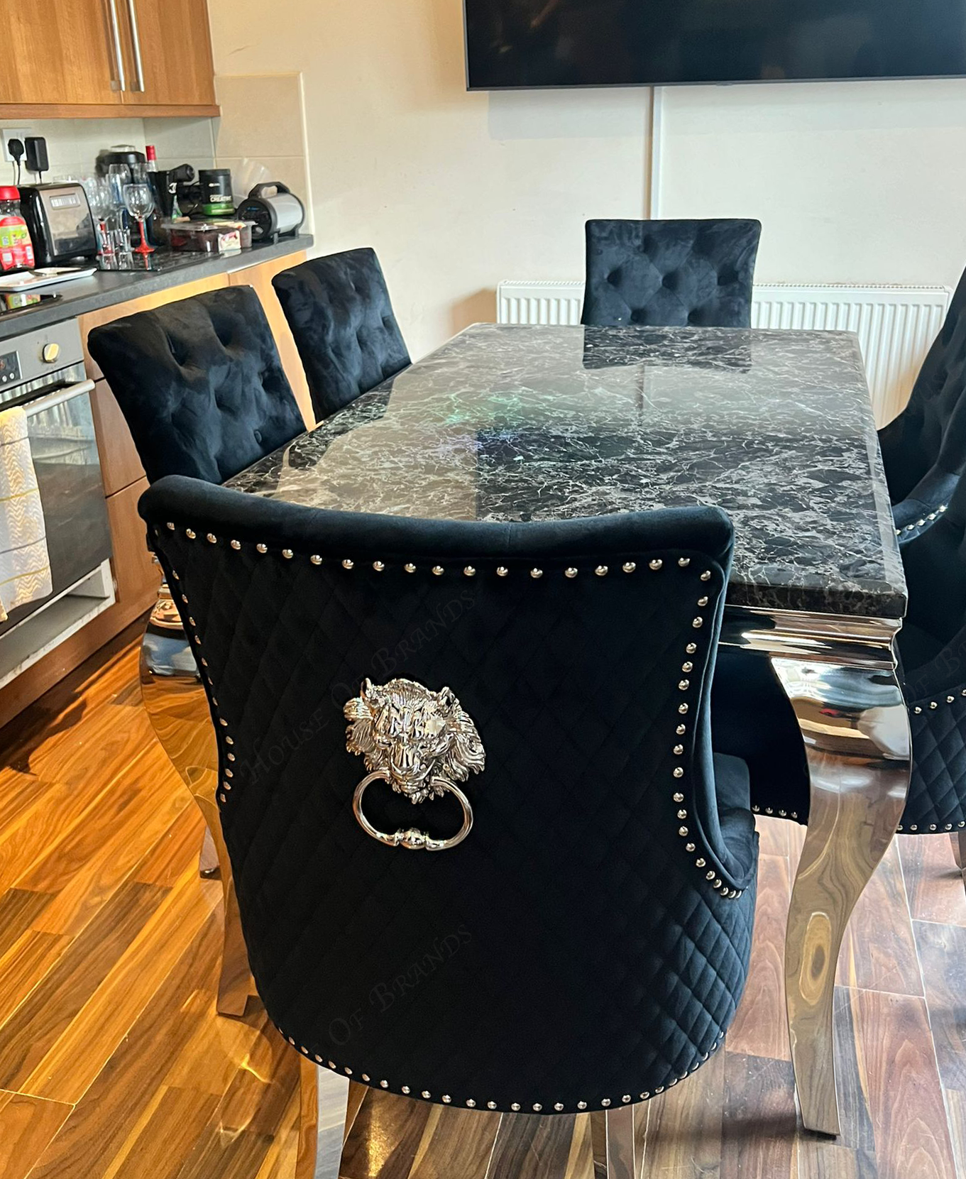 150cm Louis Marble Dining Table with 6 Majestic Knockerback Chairs