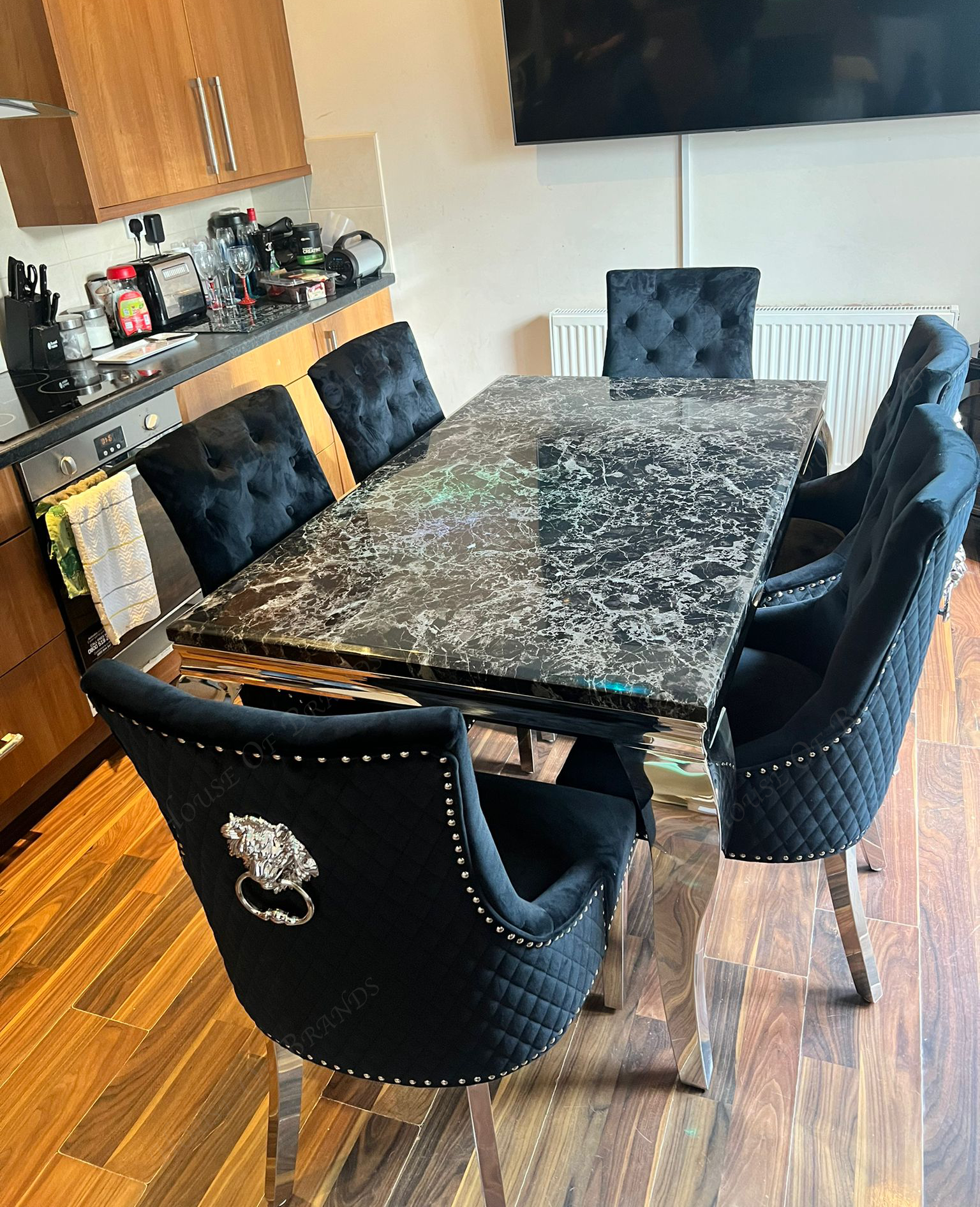 150cm Louis Marble Dining Table with 6 Majestic Knockerback Chairs