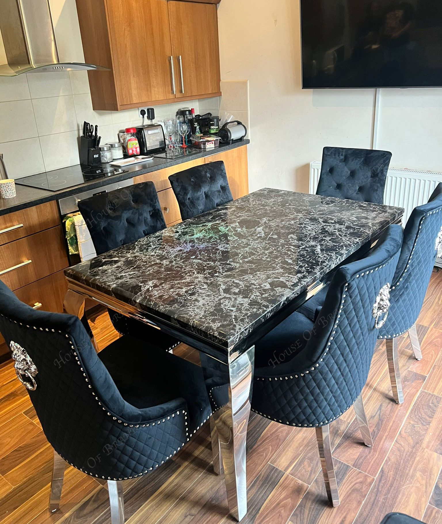 150cm Louis Marble Dining Table with 6 Majestic Knockerback Chairs