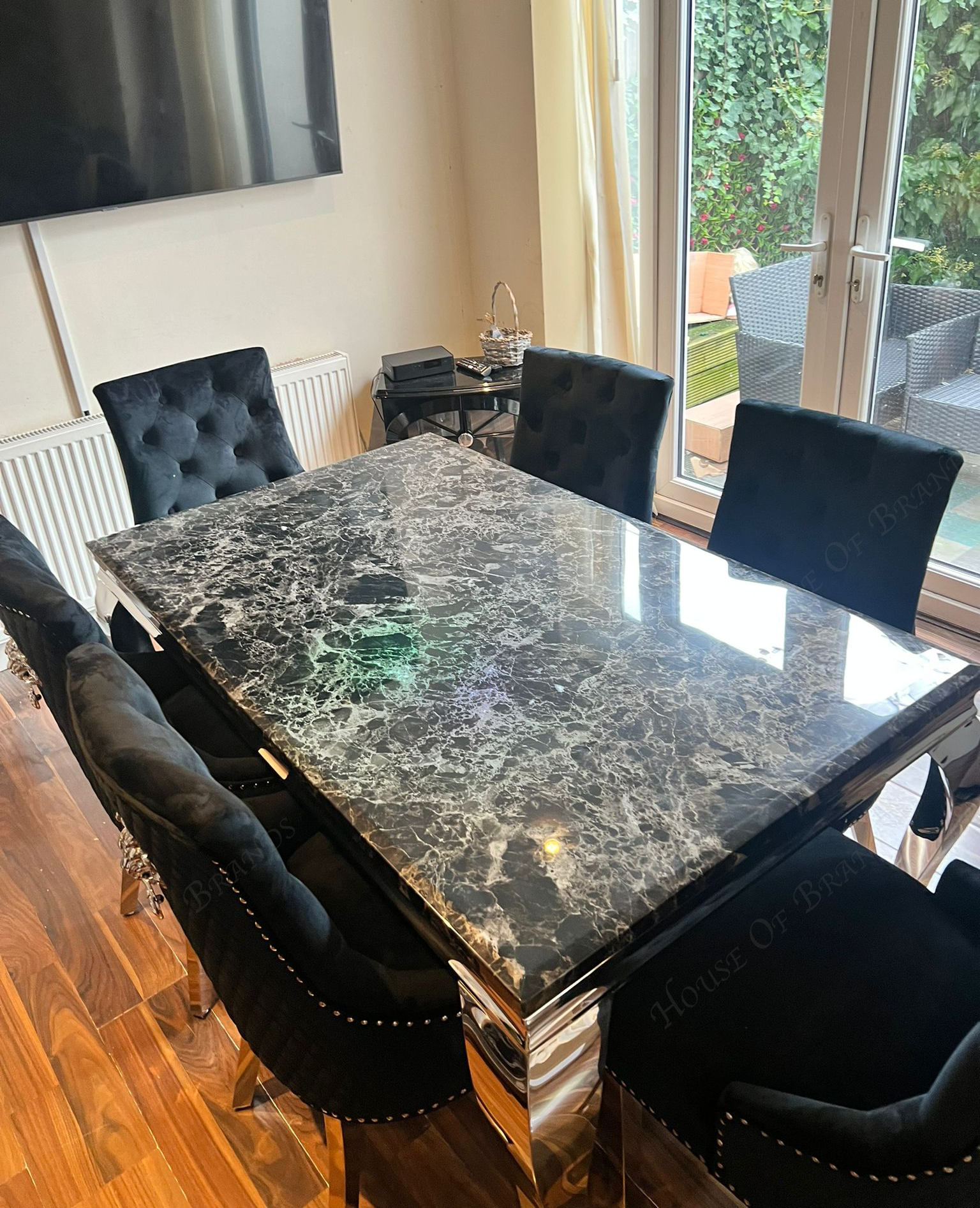 150cm Louis Marble Dining Table with 6 Majestic Knockerback Chairs