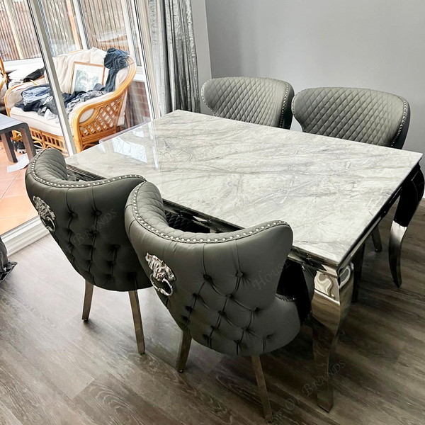 150cm Louis Marble Dining Table with Hudson Leather Valentino Chairs