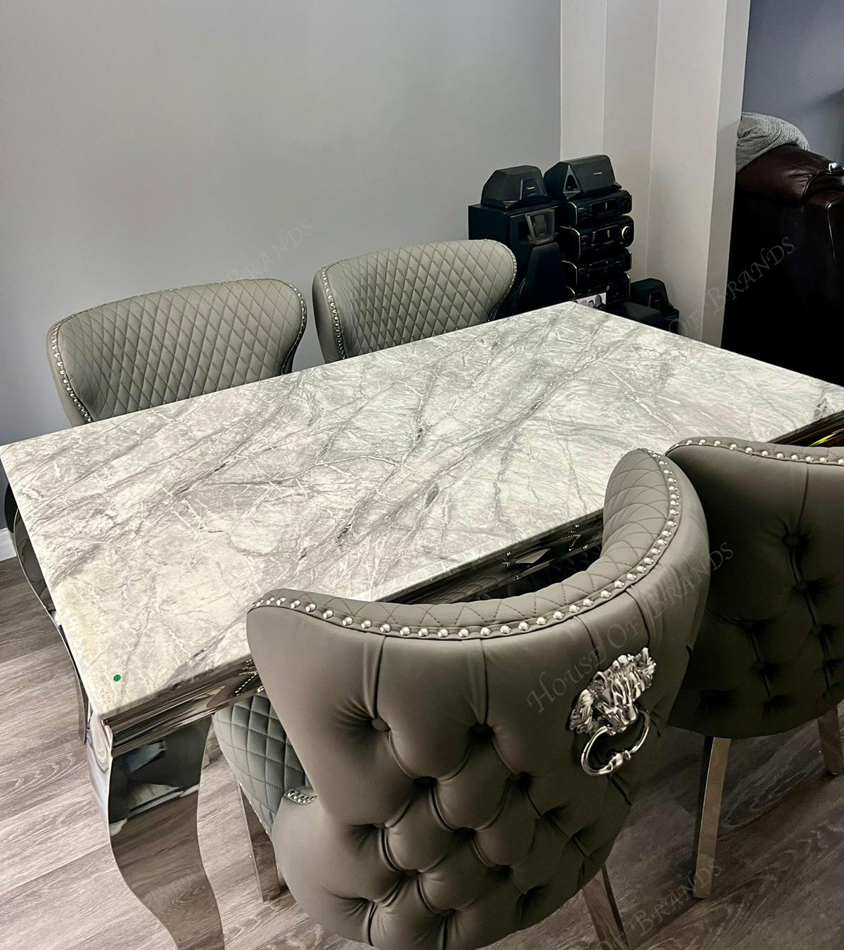 150cm Louis Marble Dining Table with Hudson Leather Valentino Chairs