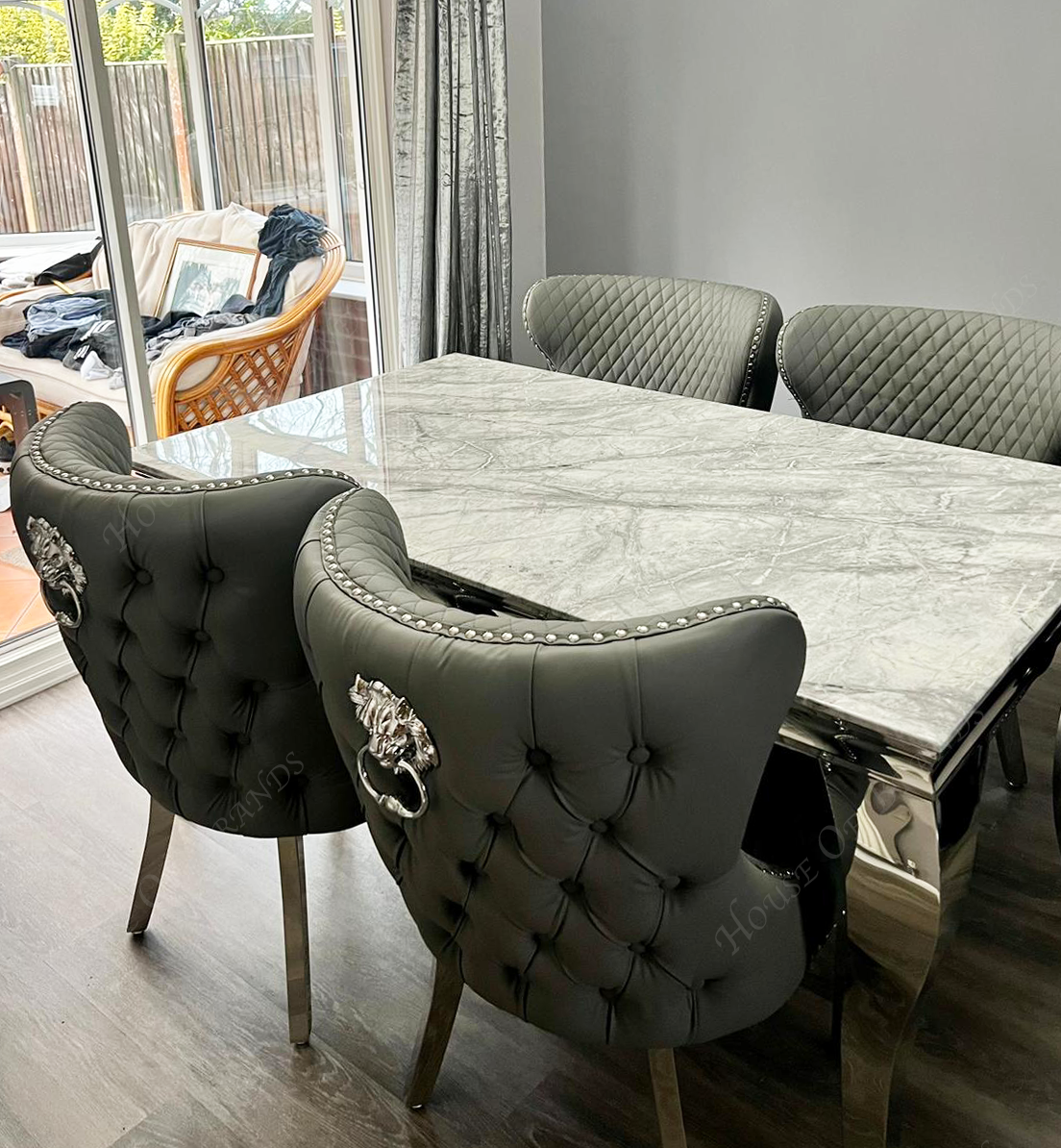 150cm Louis Marble Dining Table with Hudson Leather Valentino Chairs