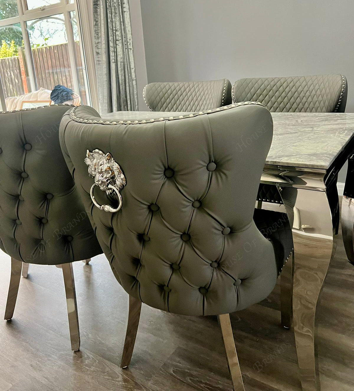 150cm Louis Marble Dining Table with Hudson Leather Valentino Chairs