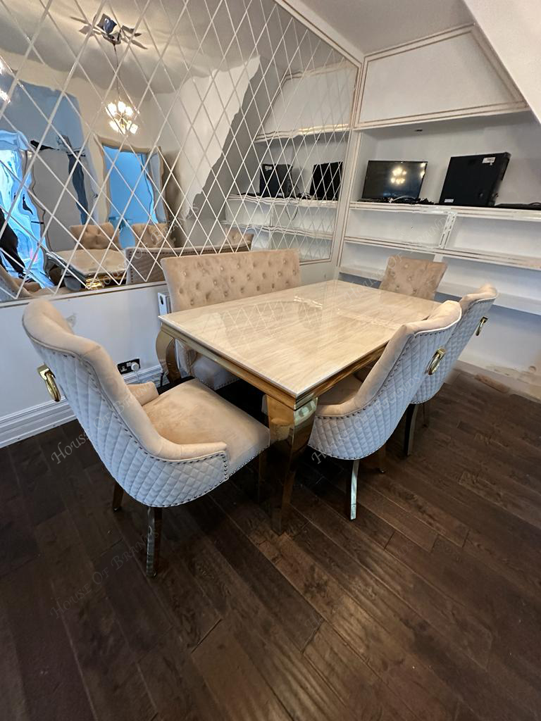 160cm Cream Gold Louis Marble Dining Table with 4 Cream Velvet Gold Majestic Chairs and Cream Velvet Gold Majestic Bench