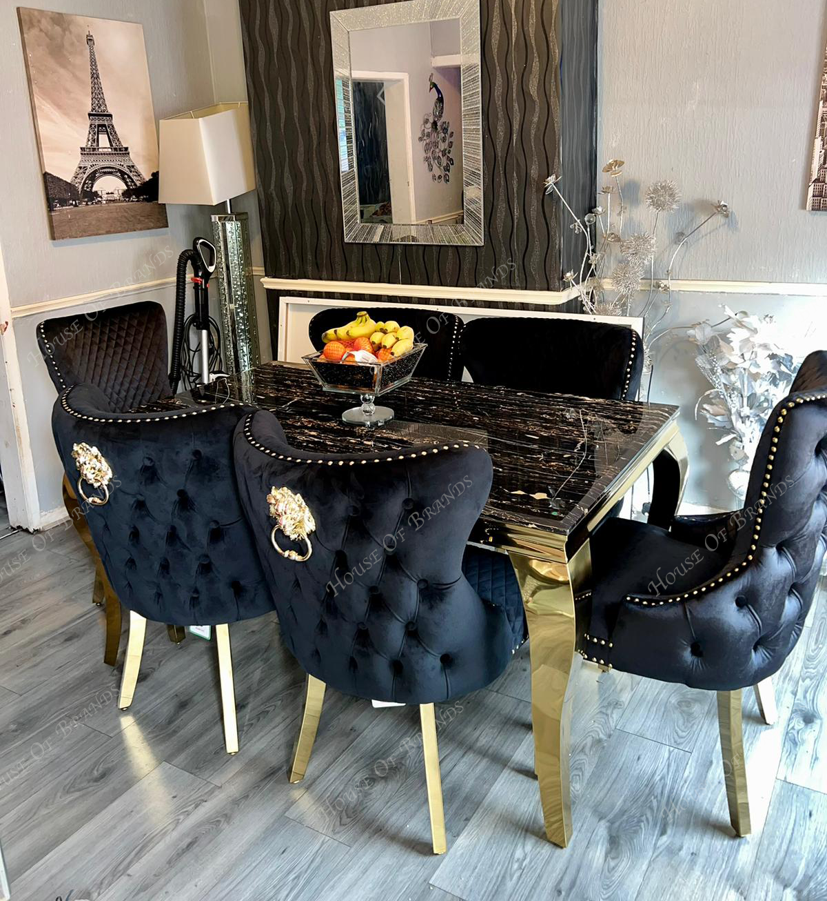 160cm Black and Gold Louis Marble Dining Table with Black and Gold Ring Knockerback Valentino Velvet Chairs