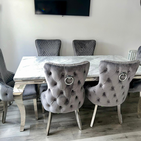 180cm Louis Marble Dining Table with 6 Victoria Knockerback Velvet Chairs