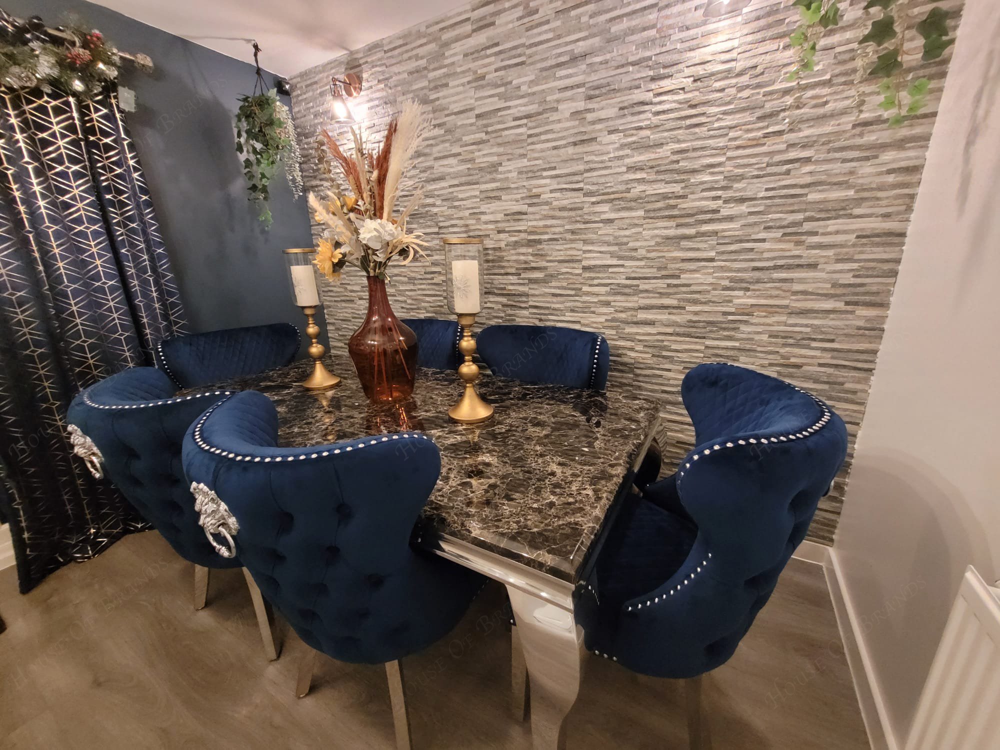 180cm Louis Marble Dining Table with 6 Valentino Velvet Knockerback Chairs