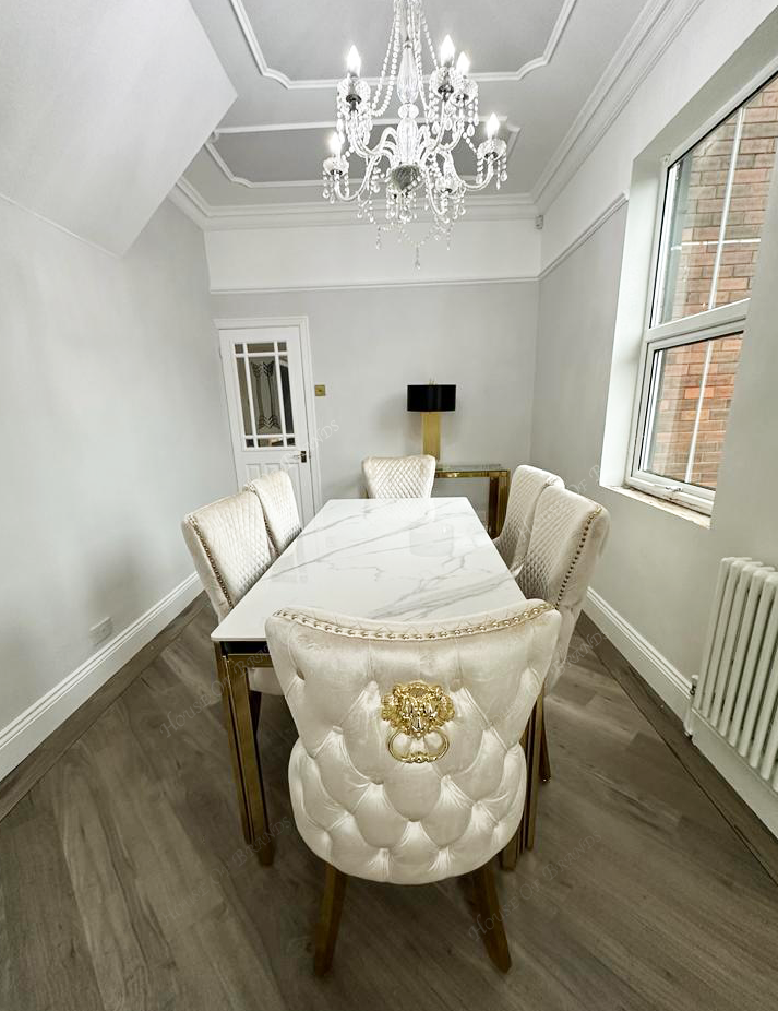 180cm Sorrento Rectangle Gold Ceramic Dining Table & Cream and Gold Victoria Gold Velvet Knockerback Chairs