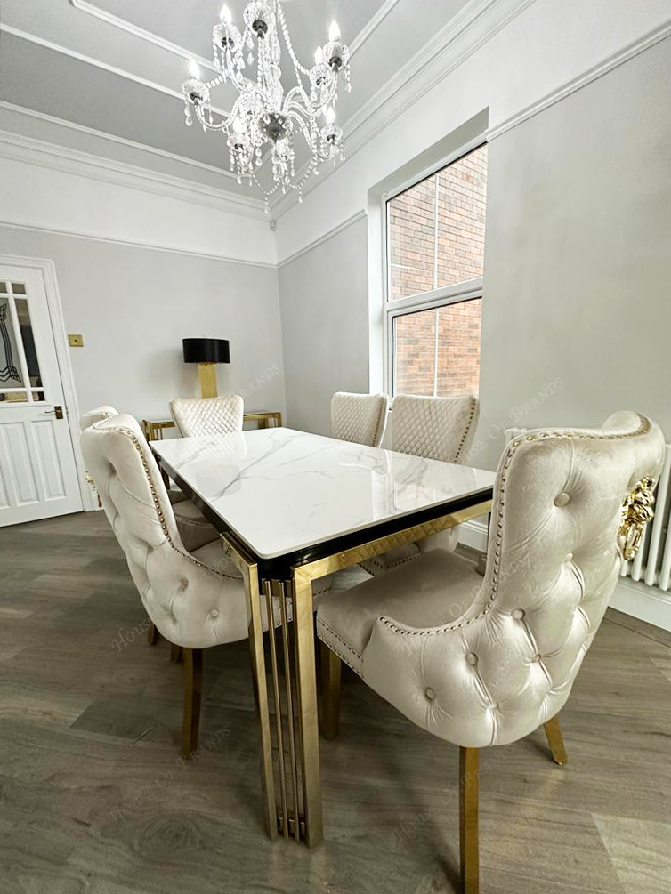 180cm Sorrento Rectangle Gold Ceramic Dining Table & Cream and Gold Victoria Gold Velvet Knockerback Chairs