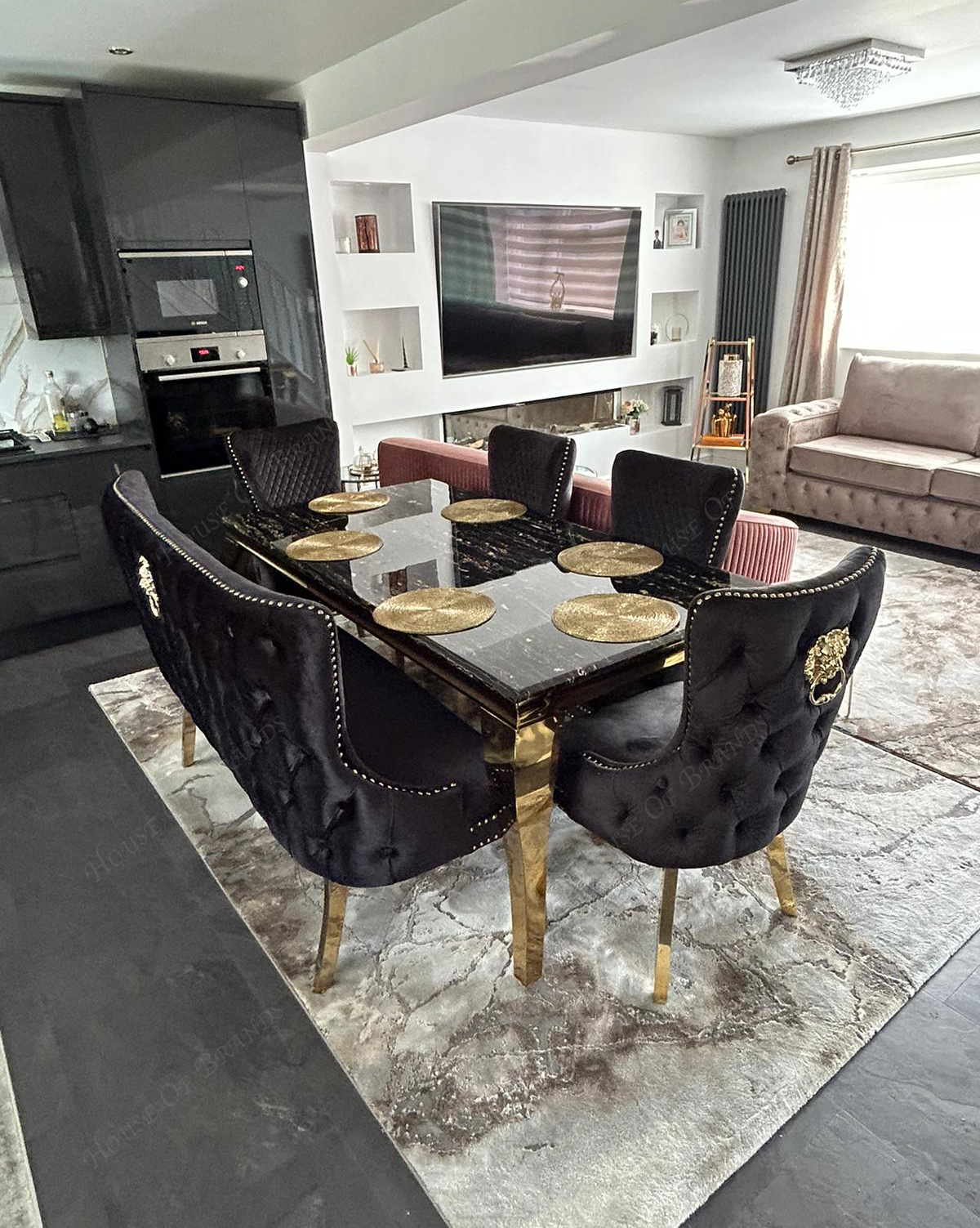 180cm Black & Gold Louis Marble Dining Table & 4 Victoria Knockerback Chairs and Victoria Dining Bench