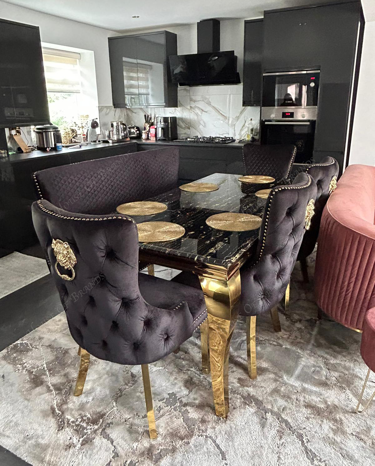 180cm Black & Gold Louis Marble Dining Table & 4 Victoria Knockerback Chairs and Victoria Dining Bench