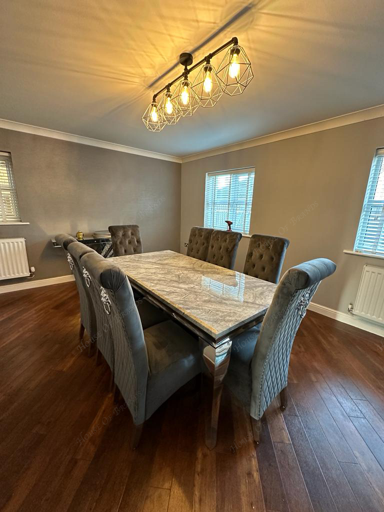 200cm Louis Marble Dining Table with Emma Knockerback Velvet Chairs