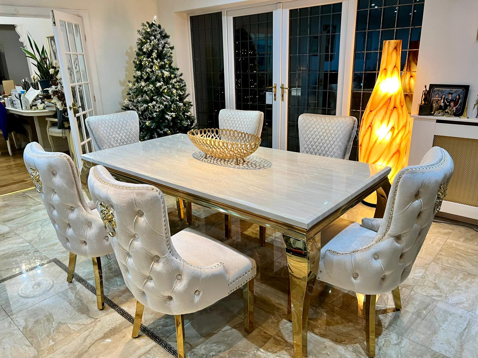 200cm Cream and Gold Louis Marble Dining Table with 8 Cream and Gold Victoria Velvet Chairs