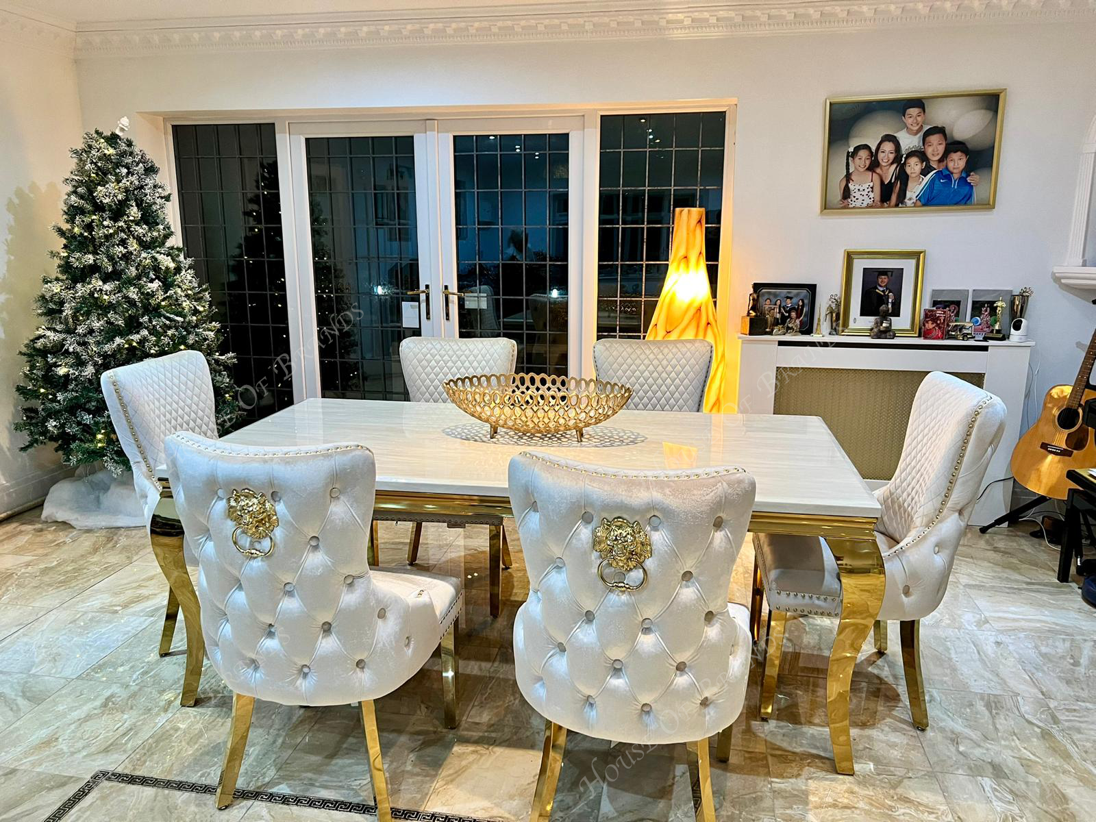 200cm Cream and Gold Louis Marble Dining Table with 8 Cream and Gold Victoria Velvet Chairs
