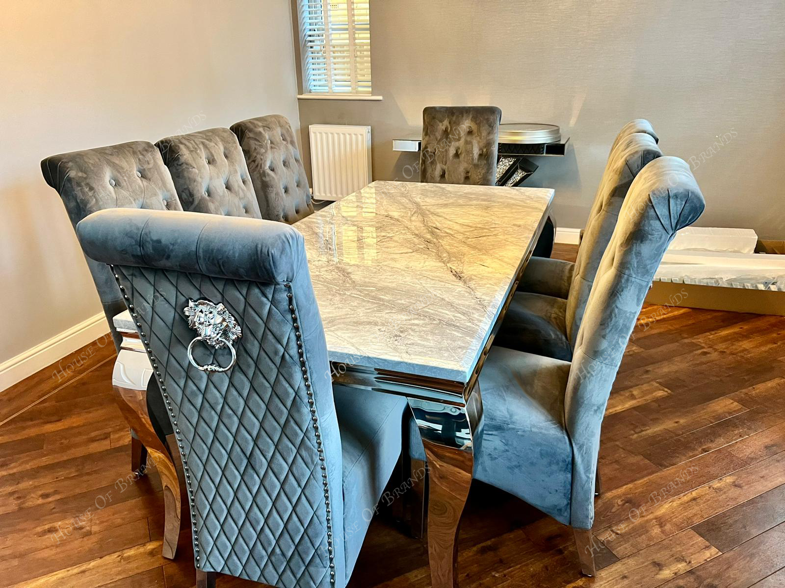 200cm Louis Marble Dining Table with Emma Knockerback Velvet Chairs