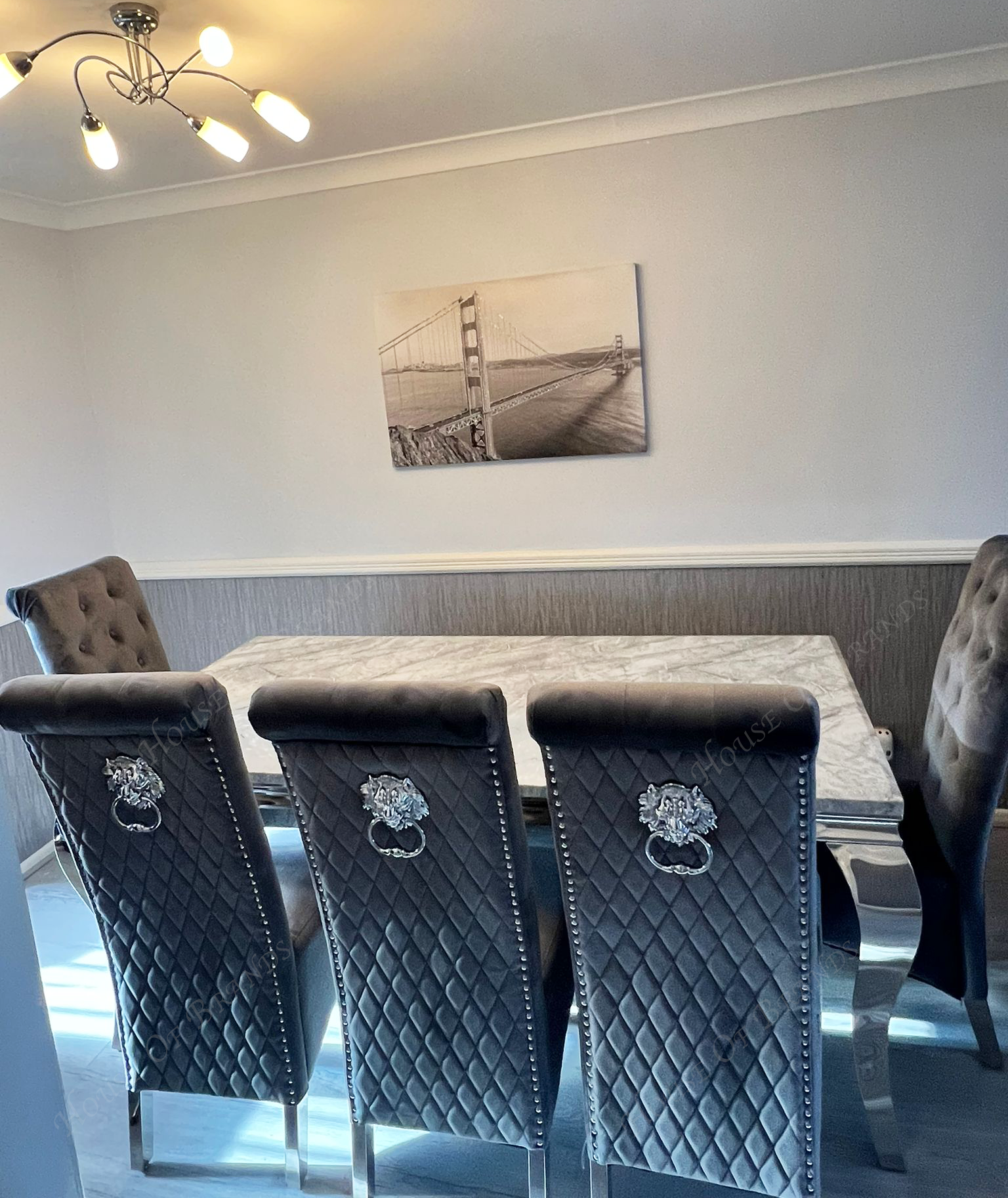 200cm Louis Marble Dining Table with 5 Emma Knockerback Velvet chairs and Majestic Velvet Bench