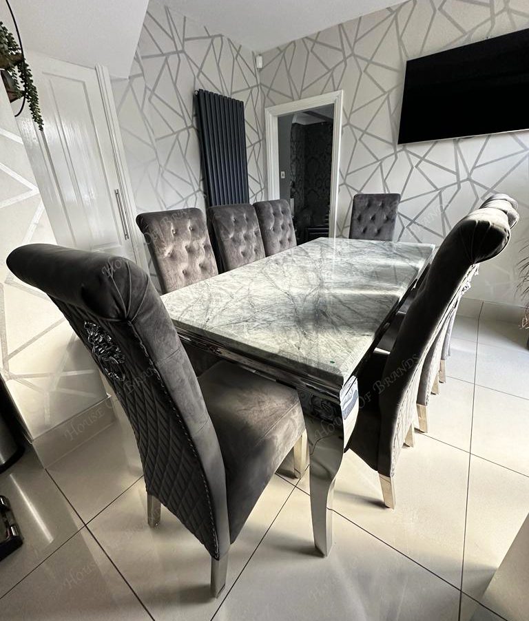 200cm Louis Marble Dining Table with Emma Knockerback Velvet Chairs