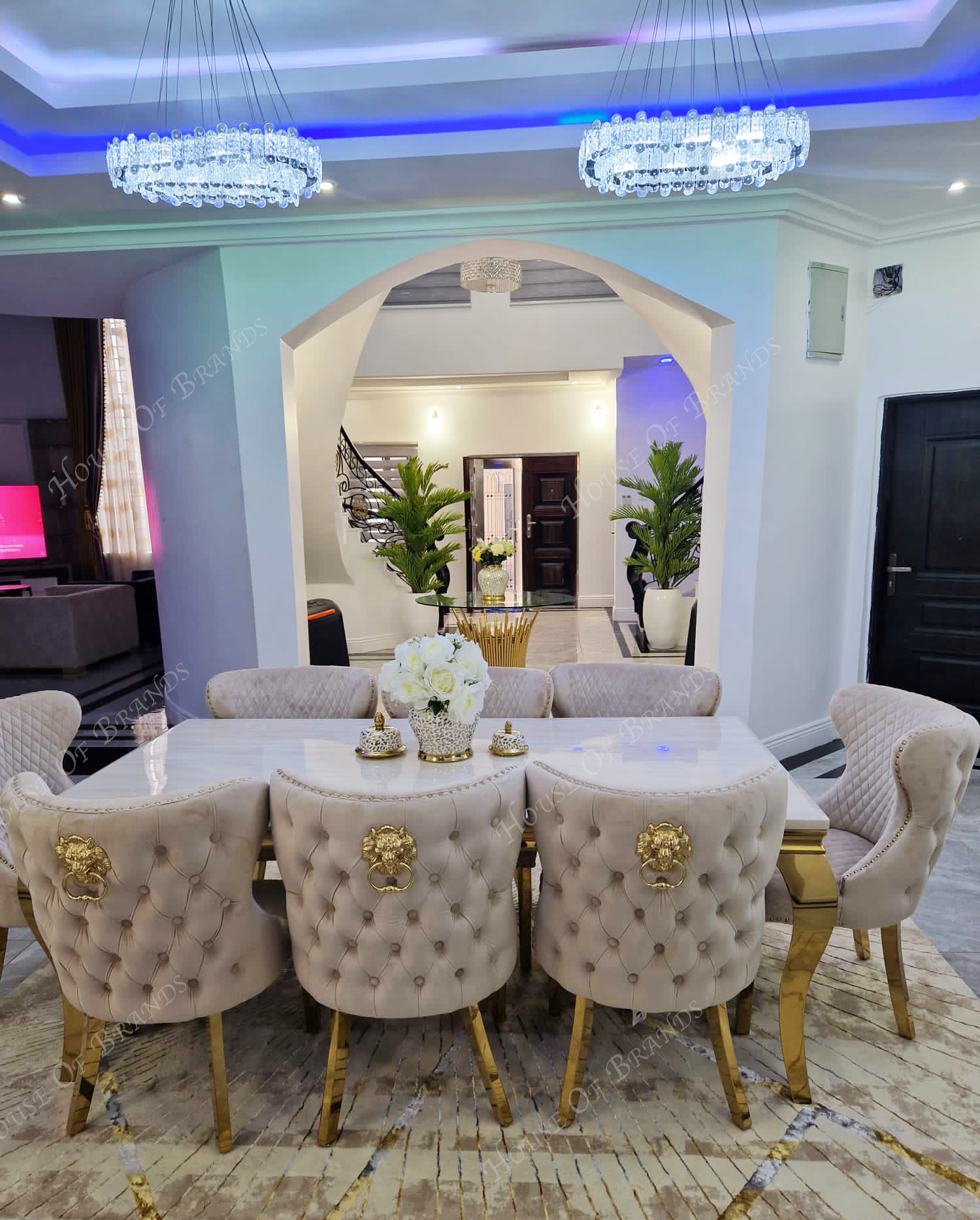 200cm Cream and Gold Louis Marble Dining Table with 8 Cream and Gold Valentino Velvet Chairs
