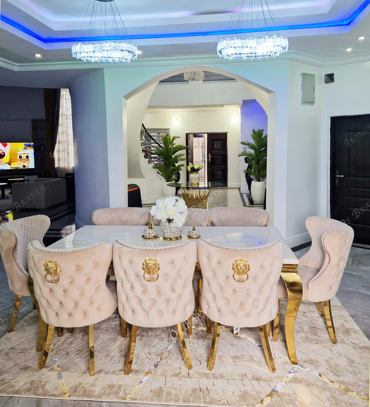 200cm Cream and Gold Louis Marble Dining Table with 8 Cream and Gold Valentino Velvet Chairs