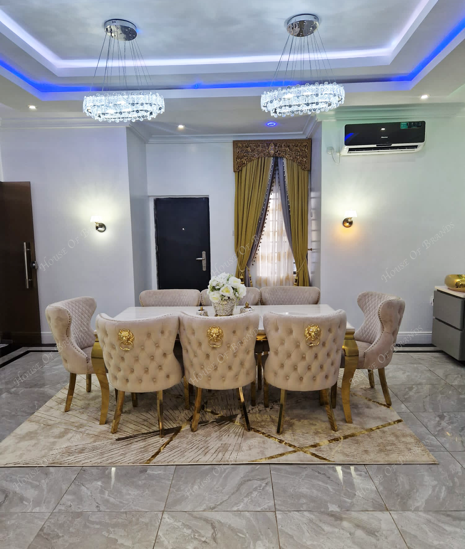 200cm Cream and Gold Louis Marble Dining Table with 8 Cream and Gold Valentino Velvet Chairs