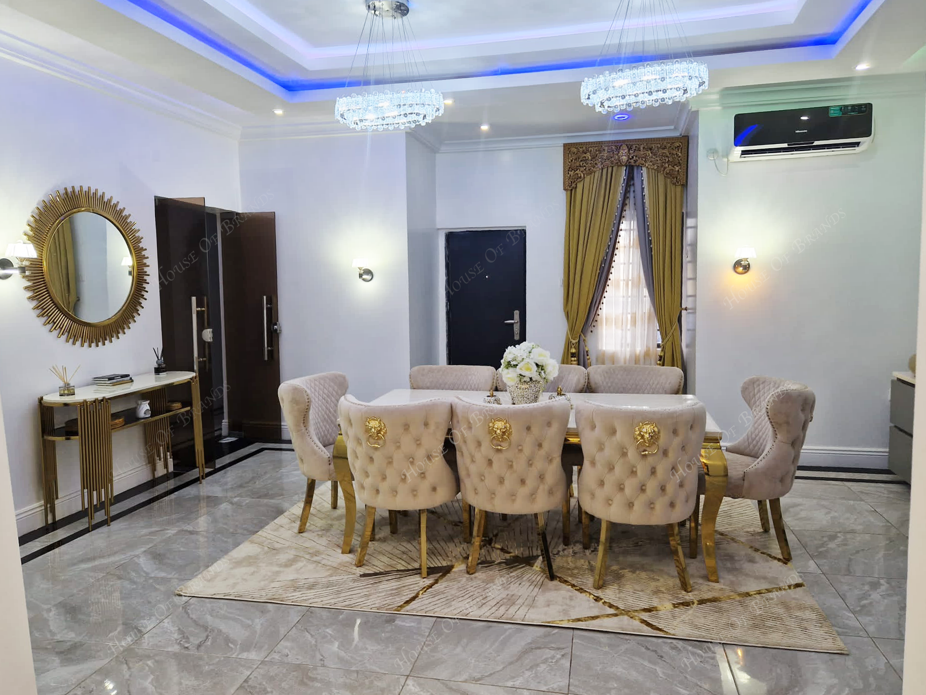 200cm Cream and Gold Louis Marble Dining Table with 8 Cream and Gold Valentino Velvet Chairs