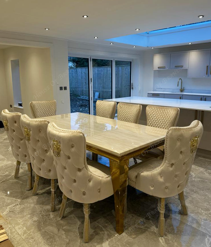 200cm Cream and Gold Louis Marble Dining Table with 8 Cream and Gold Victoria Velvet Chairs