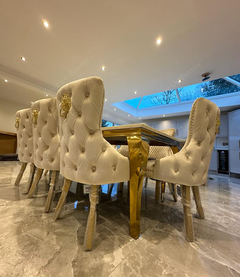 200cm Cream and Gold Louis Marble Dining Table with 8 Cream and Gold Victoria Velvet Chairs