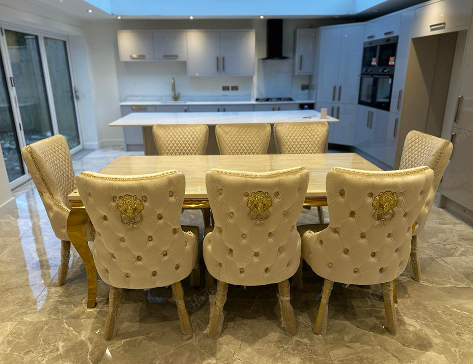 200cm Cream and Gold Louis Marble Dining Table with 8 Cream and Gold Victoria Velvet Chairs