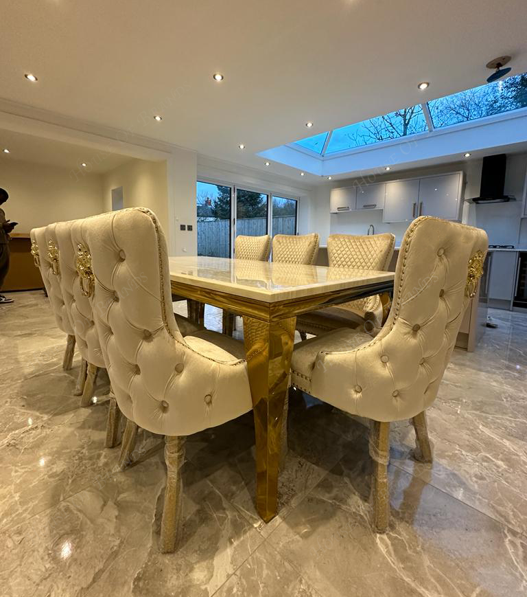 200cm Cream and Gold Louis Marble Dining Table with 8 Cream and Gold Victoria Velvet Chairs