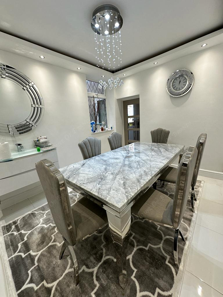200cm Louis Marble Dining Table with 6 Christine Light Grey Leather Chairs