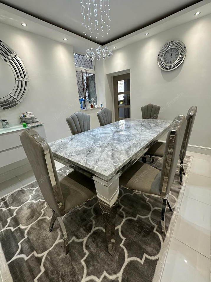 200cm Marble Louis Dining Table with 6 Christine Light Grey Leather Chairs