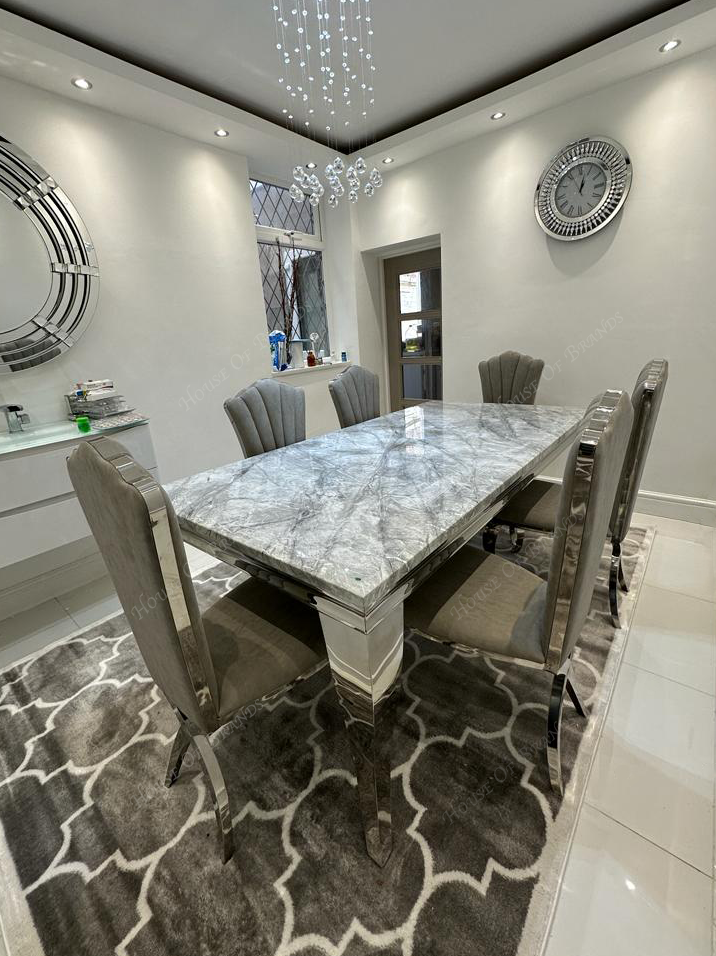 200cm Louis Marble Dining Table with 6 Christine Light Grey Leather Chairs
