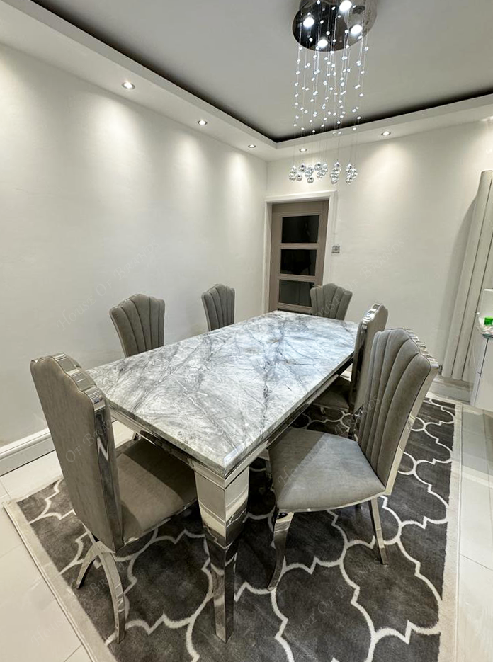 200cm Louis Marble Dining Table with 6 Christine Light Grey Leather Chairs