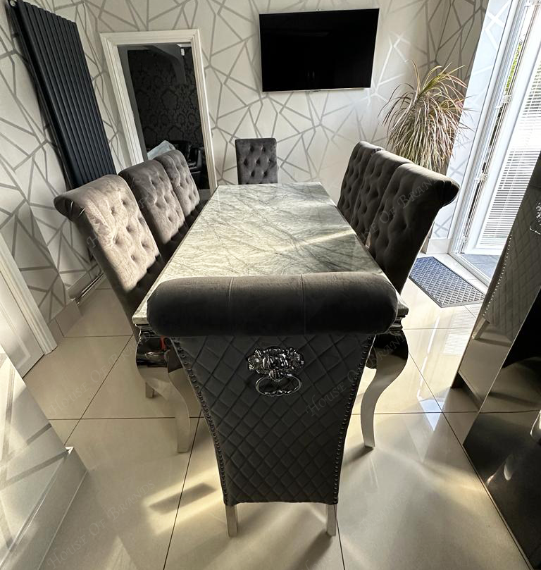 200cm Louis Marble Dining Table with Emma Knockerback Velvet Chairs
