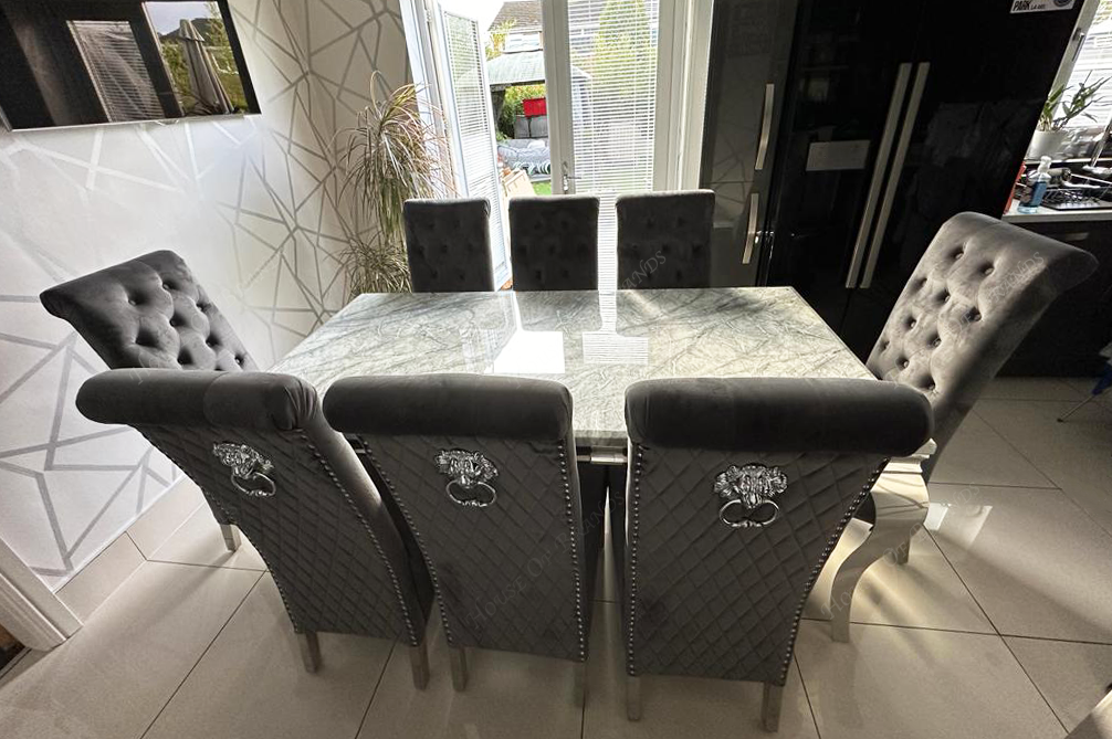 200cm Louis Marble Dining Table with Emma Knockerback Velvet Chairs