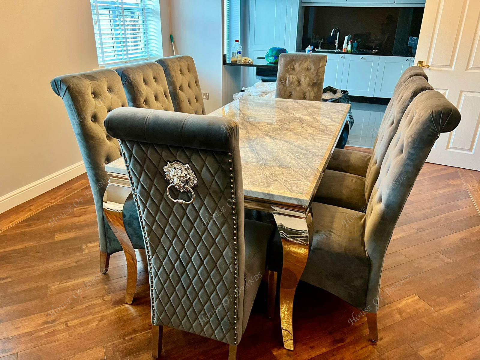 200cm Louis Marble Dining Table with Emma Knockerback Velvet Chairs