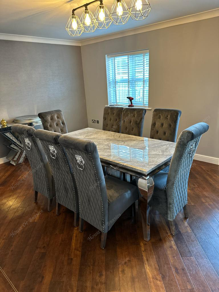 200cm Louis Marble Dining Table with Emma Knockerback Velvet Chairs