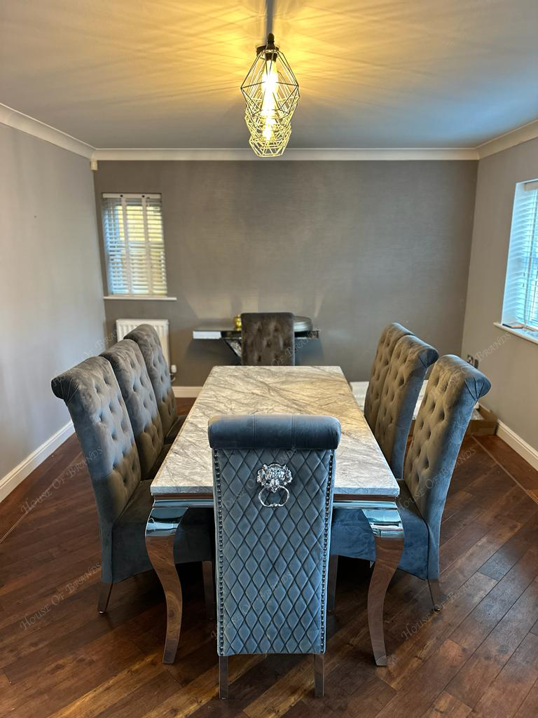 200cm Louis Marble Dining Table with Emma Knockerback Velvet Chairs