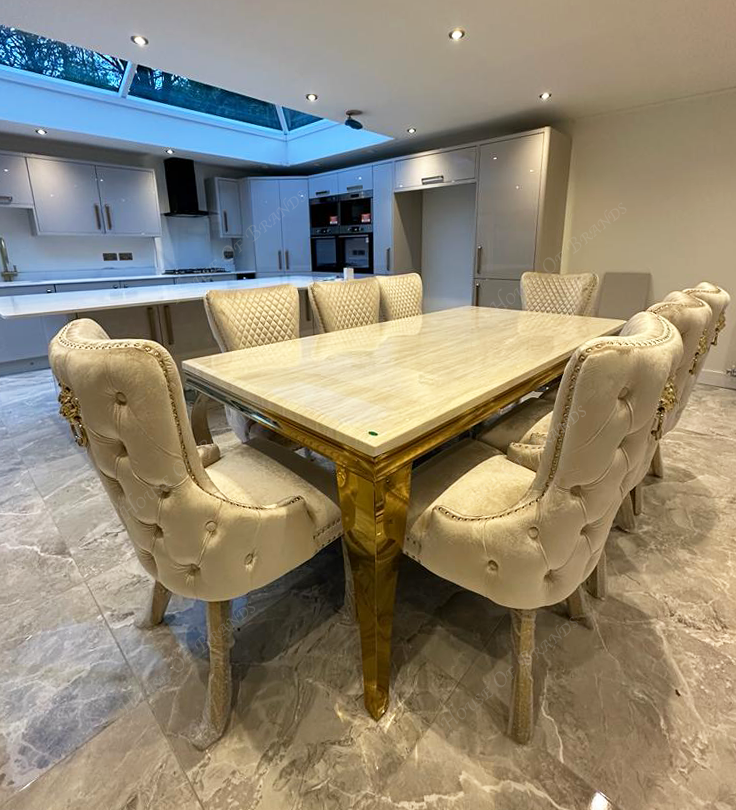 200cm Cream and Gold Louis Marble Dining Table with 8 Cream and Gold Victoria Velvet Chairs