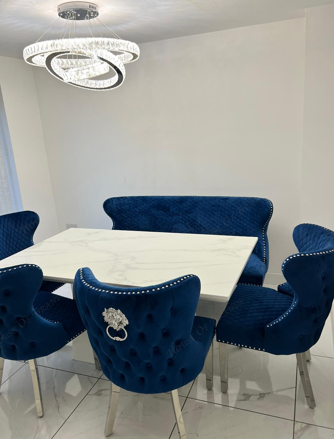 Rio White Marble Dining Table with 4 Valentino Velvet Knockerback Dining Chairs and Valenica Velvet Knocker Bench