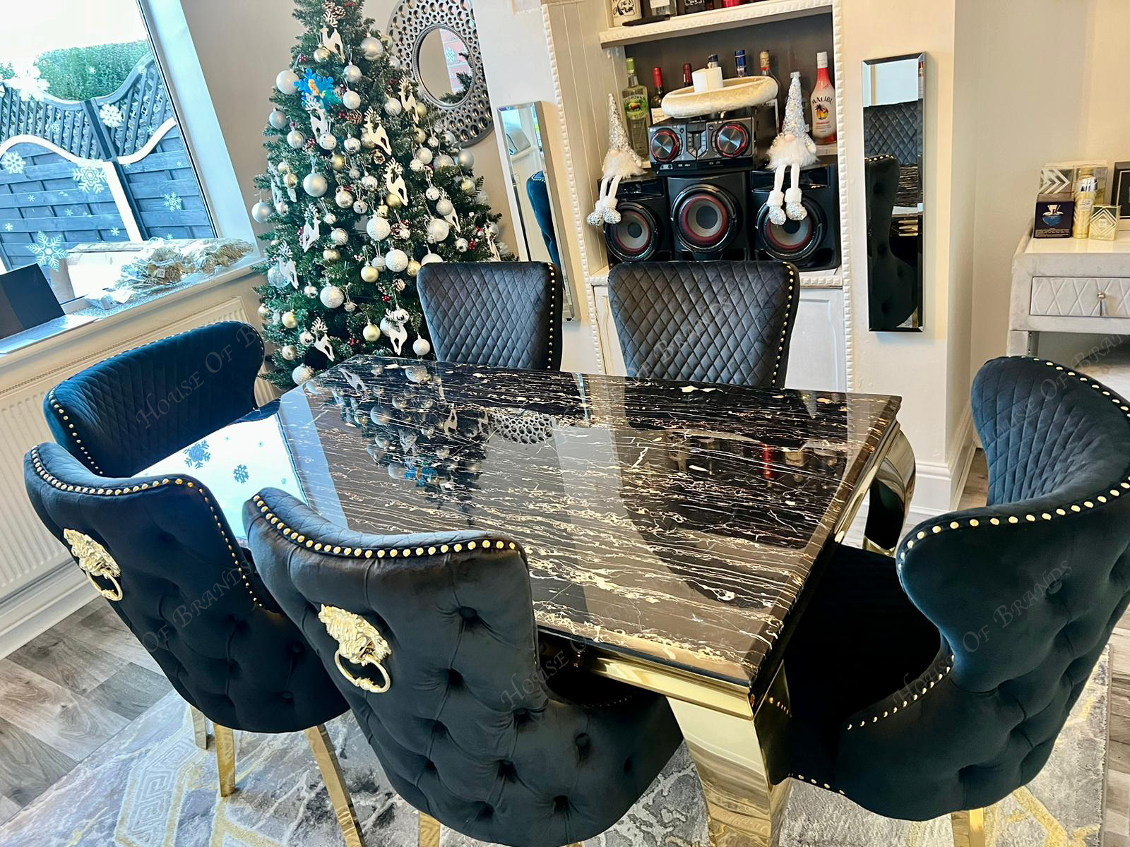 160cm Black and Gold Louis Marble Dining Table with 4 Black and Gold Victoria Chairs and 2 Black and Gold Valentino Chairs